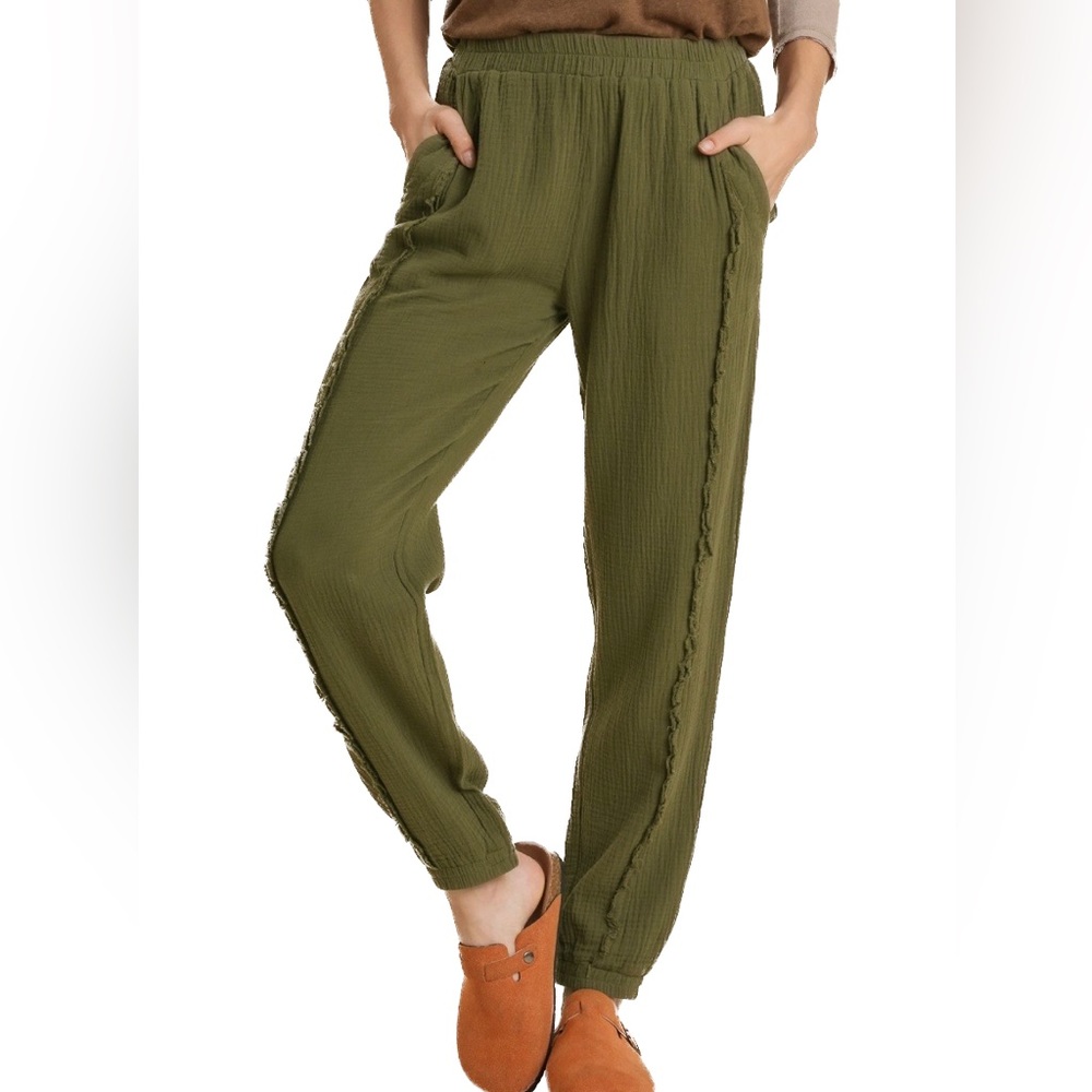 Frayed Edged Elastic Waistband Jogger Pants with Pockets
